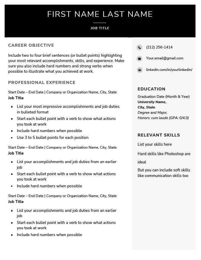 An example of a corporate-looking blank resume template with a bold header at the top and a gray sidebar for contact information, education, and skills