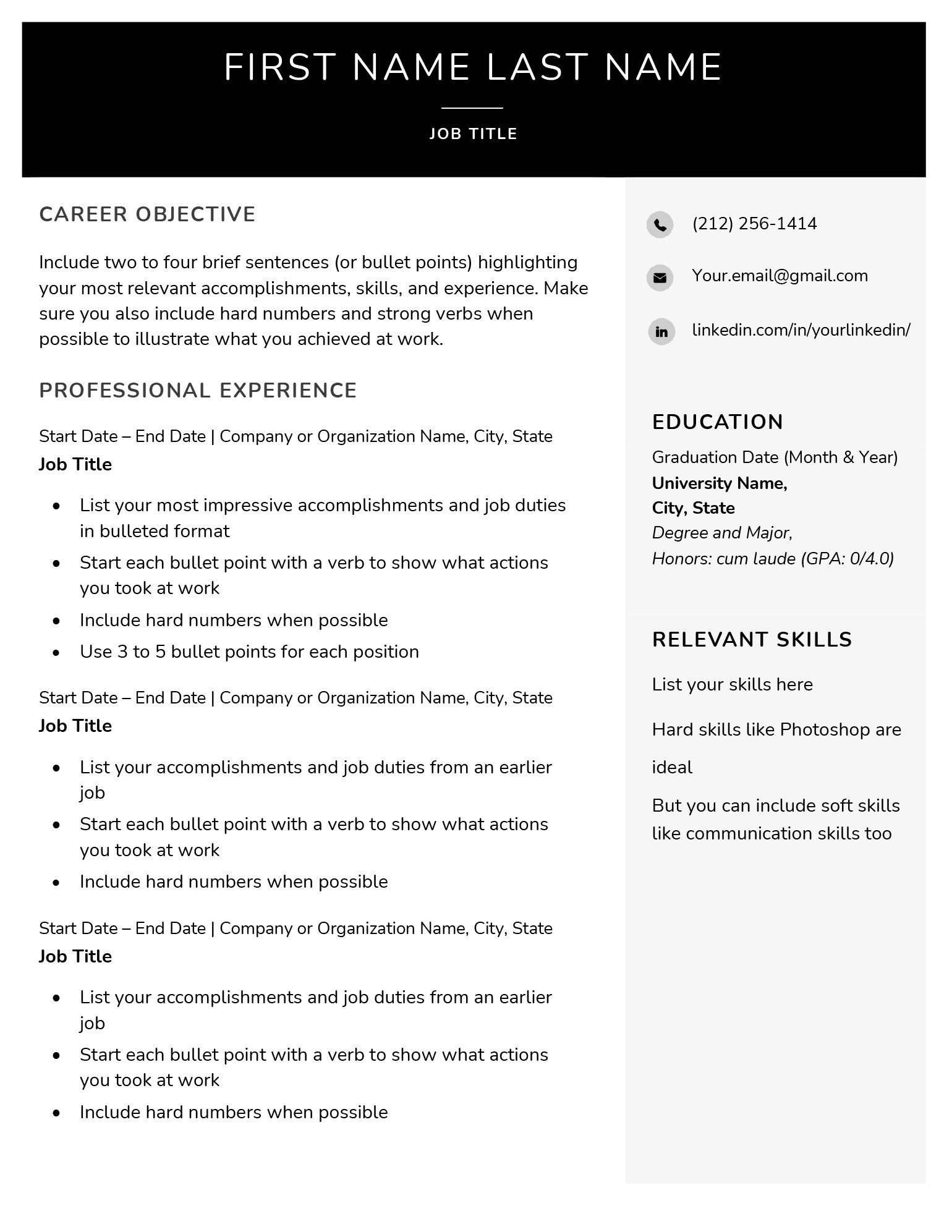 An example of a corporate-looking blank resume template with a bold header at the top and a gray sidebar for contact information, education, and skills