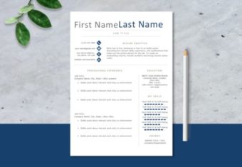 A modern resume template with navy blue icons and skill bars set against a gray and blue background.