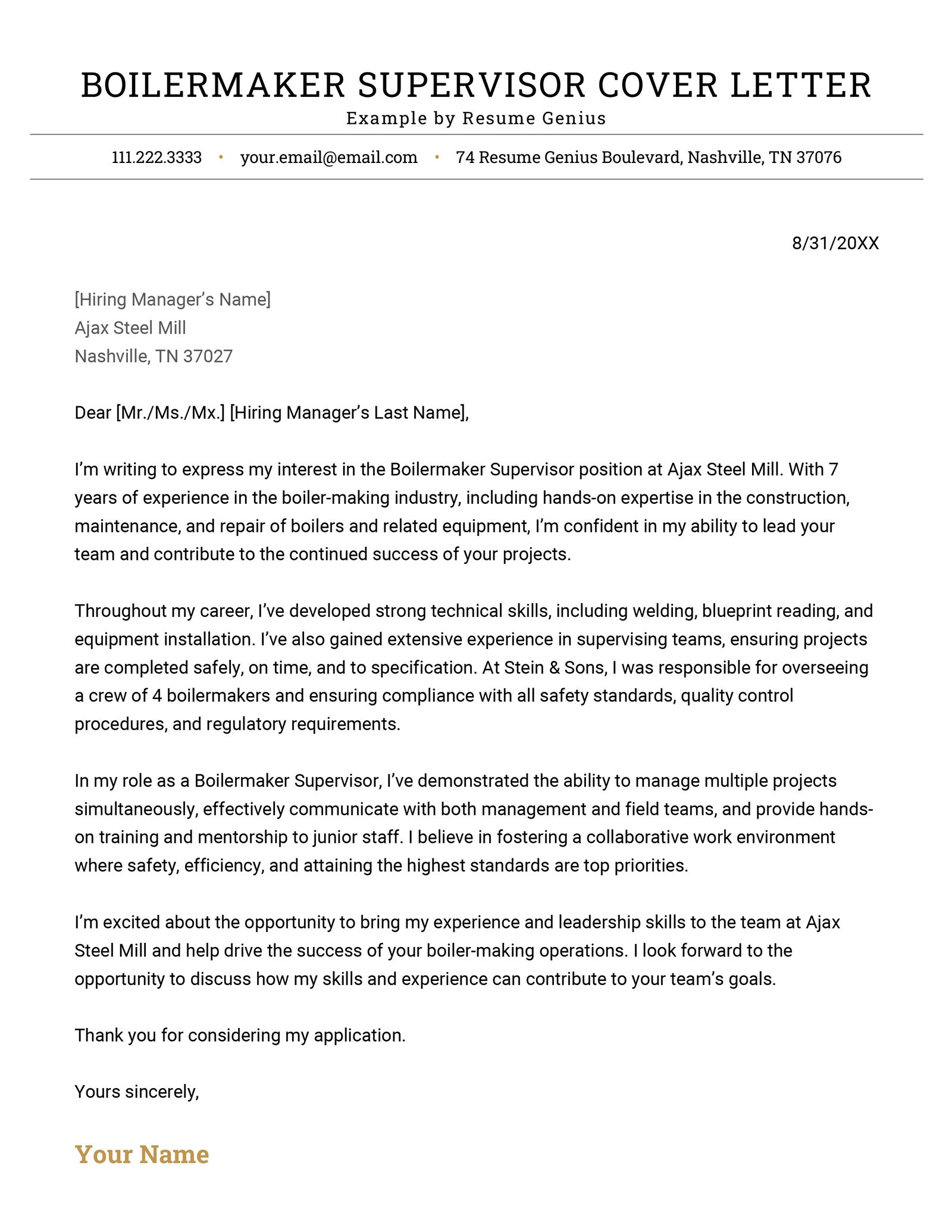 A boilermaker supervisor cover letter example.