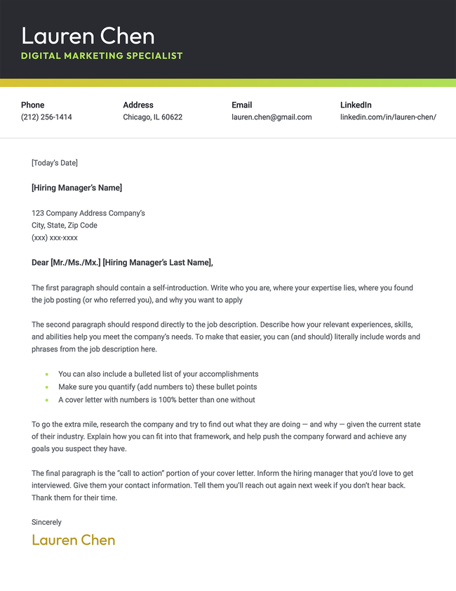 The Bold cover letter template in yellow.