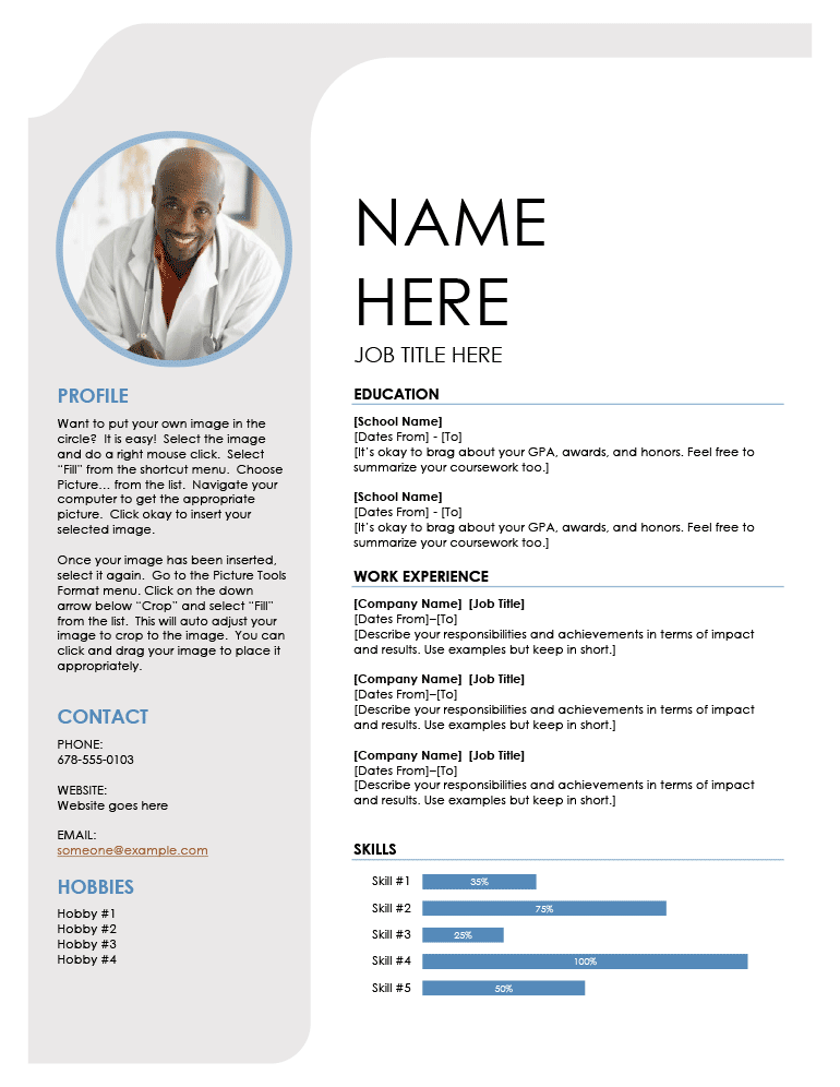 An example of the "Bold" Word resume template, featuring a large headshot