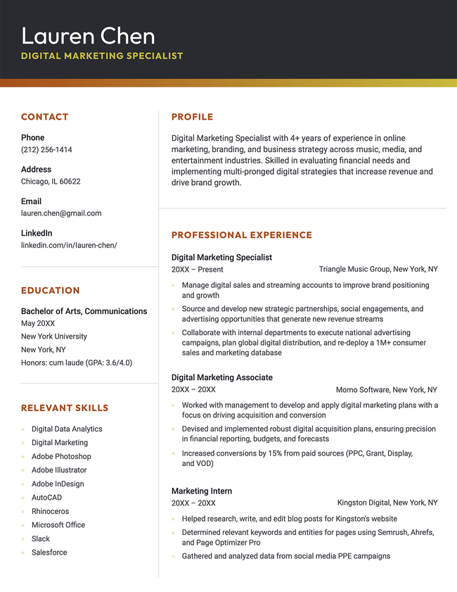 The 'Bold' resume template in orange, featuring a striking black header and two-column layout