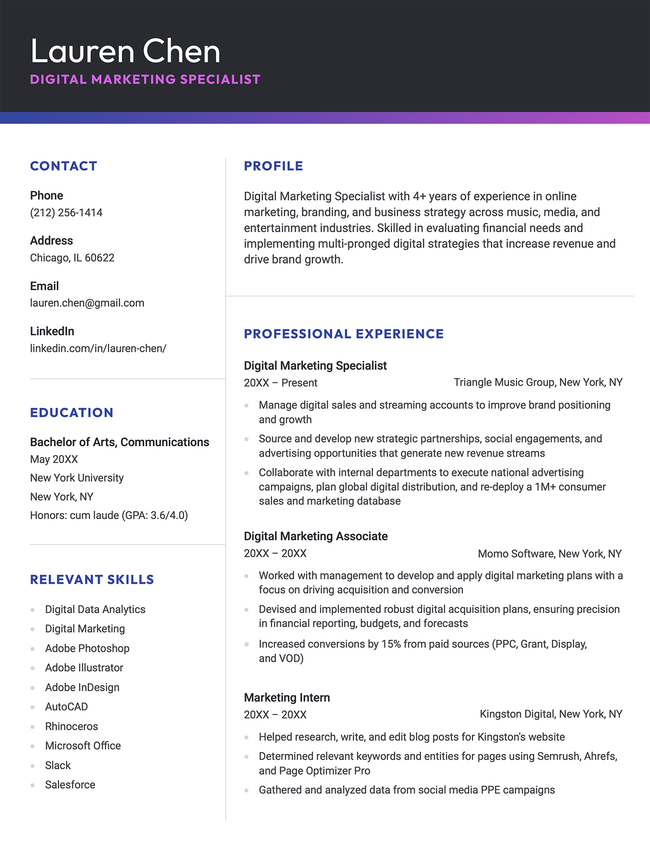 The 'Bold' resume template in violet, featuring a striking black header and two-column layout