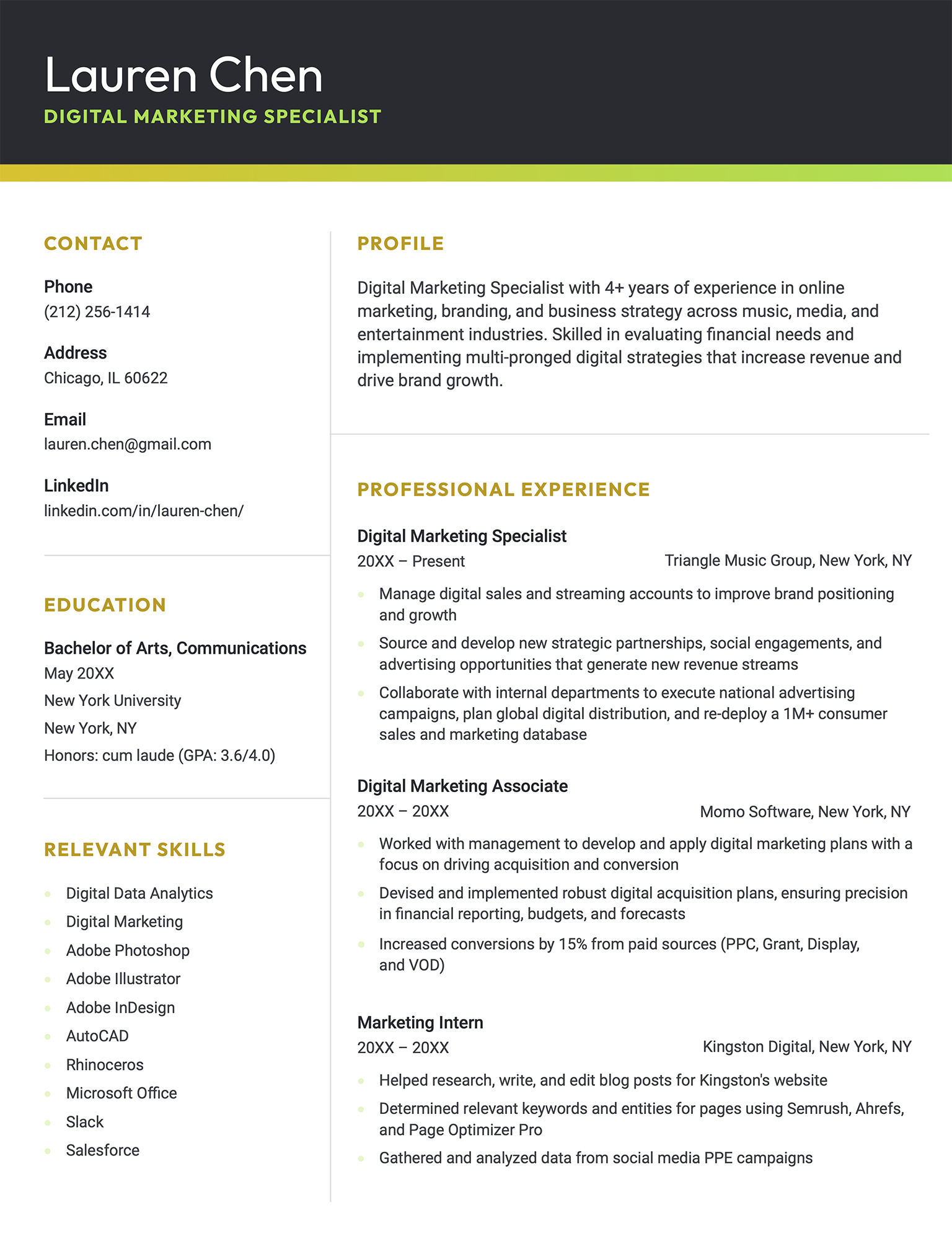 The 'Bold' resume template in yellow, featuring a striking black header and two-column layout