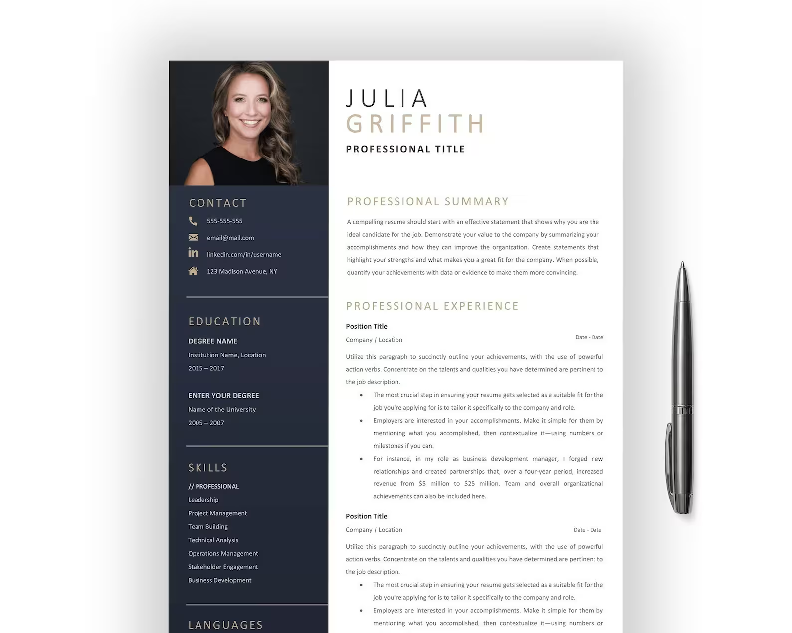 A visual resume example with a bold sidebar.