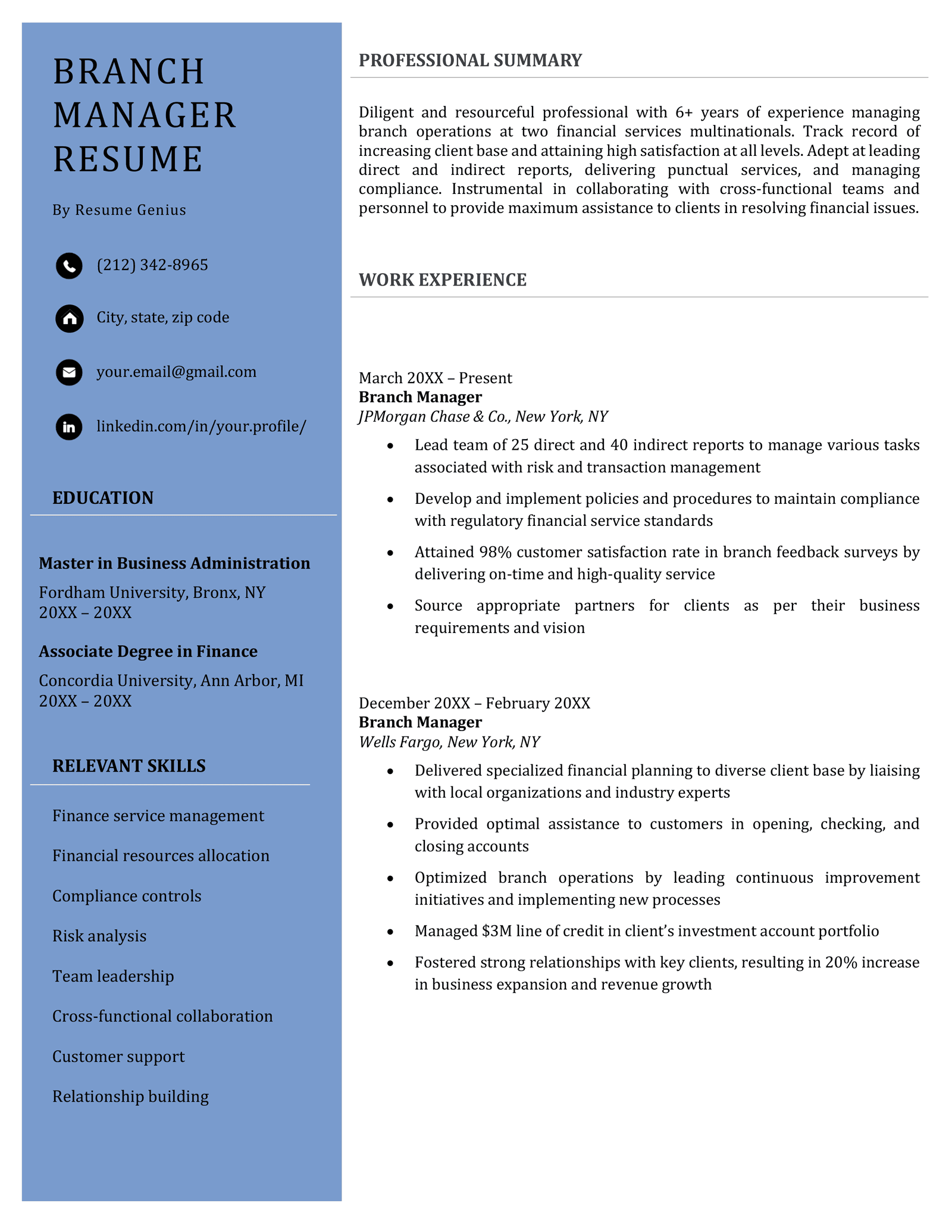 A branch manager resume with a blue left column highlighting the applicant's professional title, contact information, education, and relevant skills