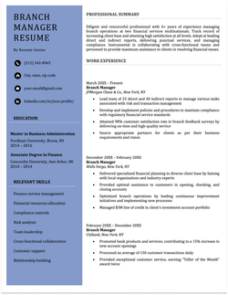 A branch manager resume with a blue left column highlighting the applicant's professional title, contact information, education, and relevant skills