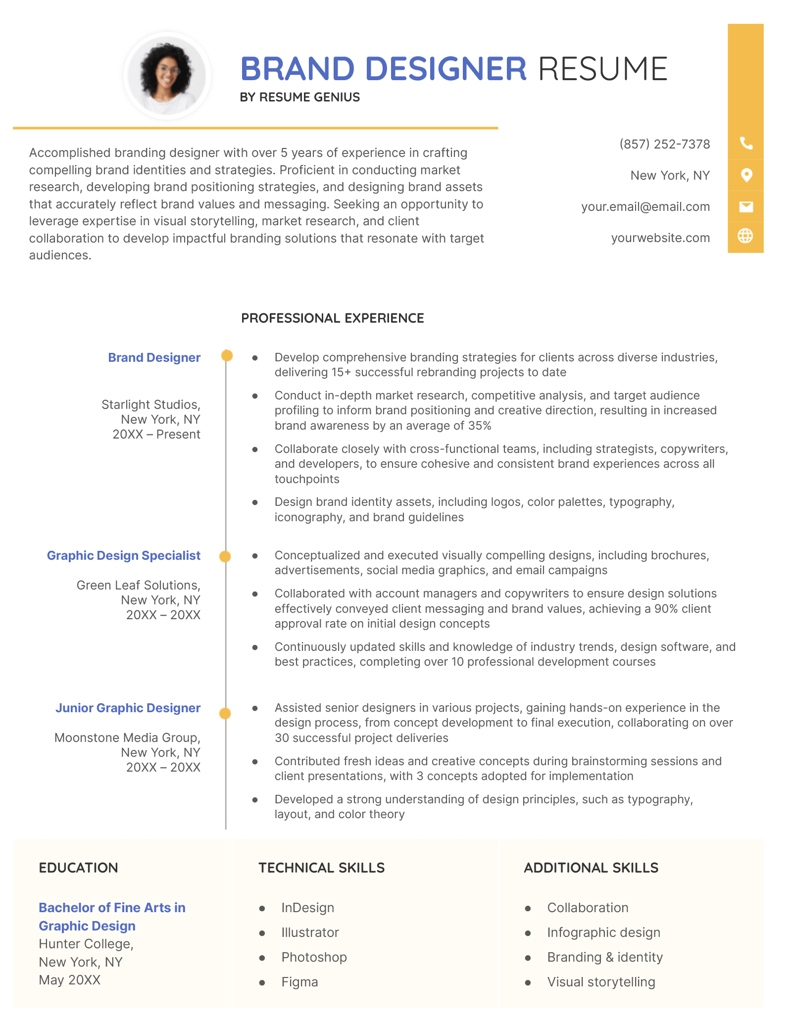 An example resume for a brand designer.