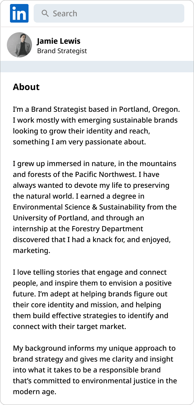 Example of a brand strategist's professional bio. 