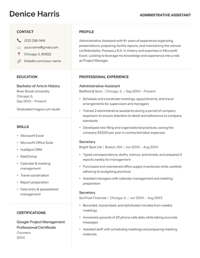 The Bright two-column resume template in gold.