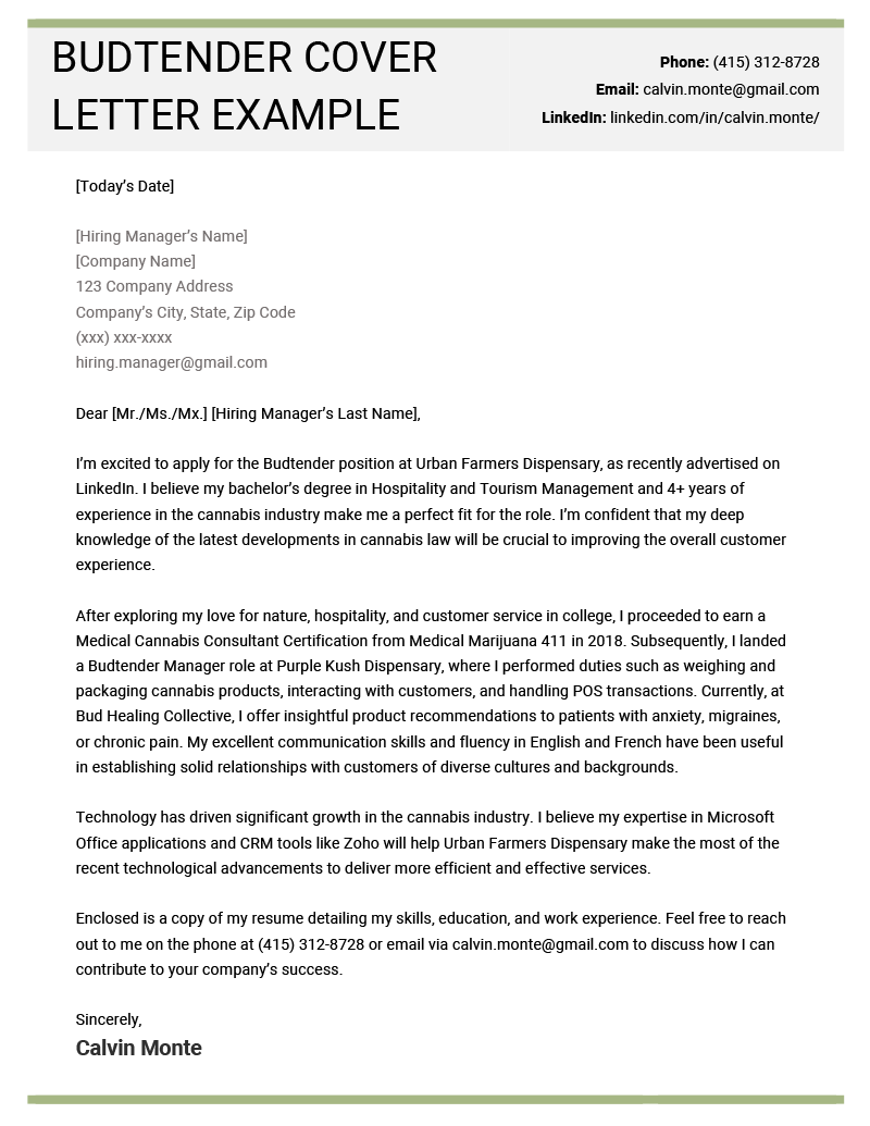 budtender cover letter no experience example