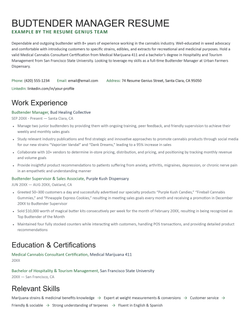 A budtender manager resume example.