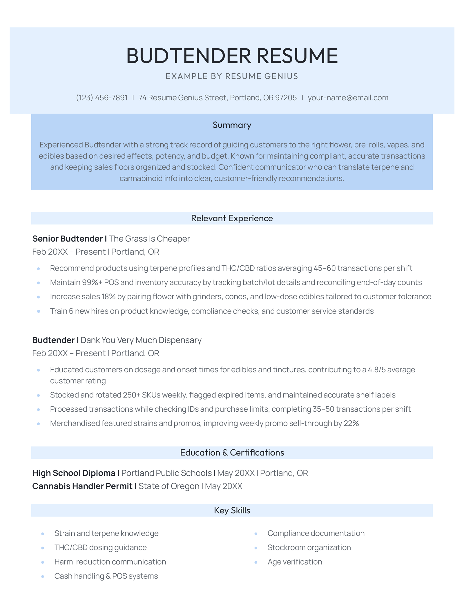 3 Budtender Resume Examples for 2026 (+Template)