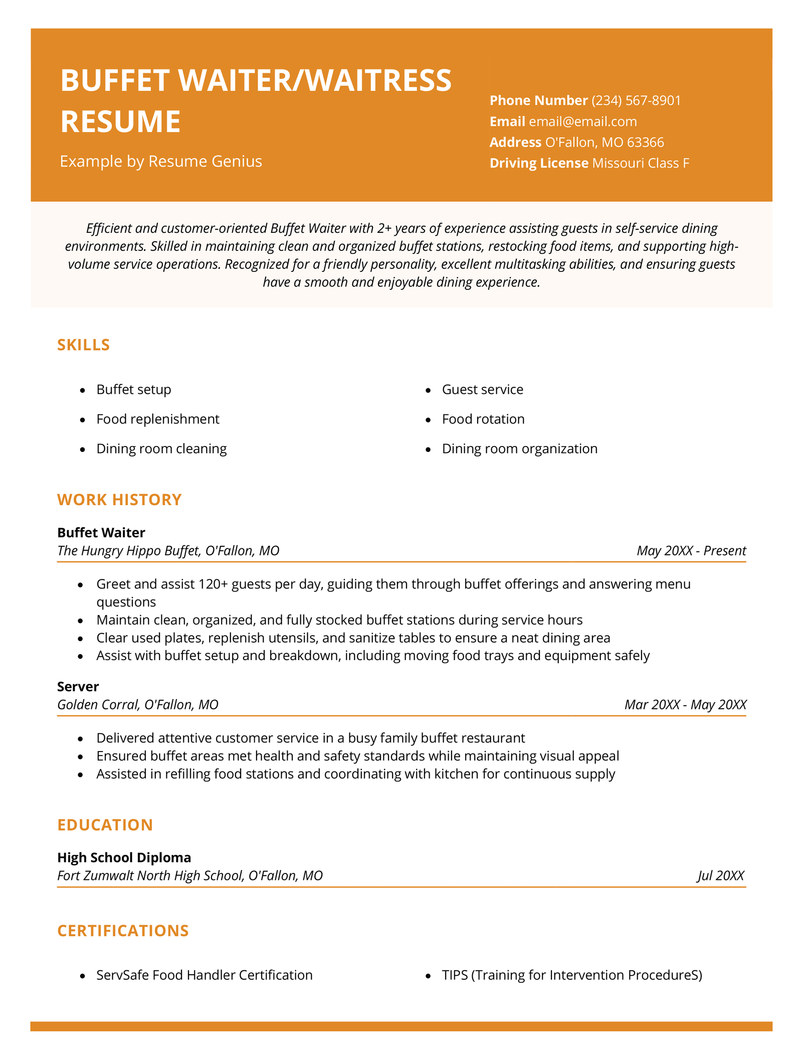 A buffet waiter/waitress resume example.