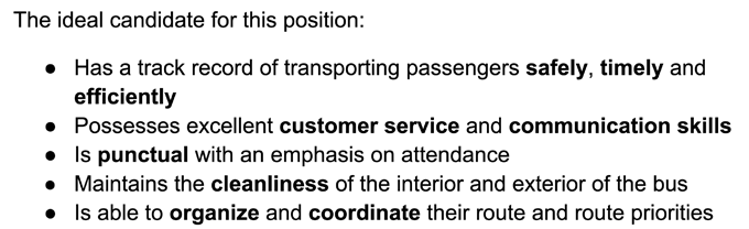 An example of a bus driver job description with relevant resume keywords highlighted in bold text