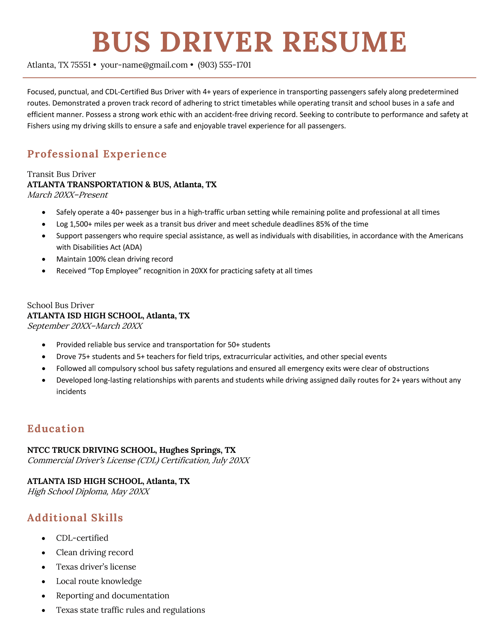 A clean and simple bus driver resume sample with a horizontal header and orange font highlighting the name, professional experience, education and additional skills sections