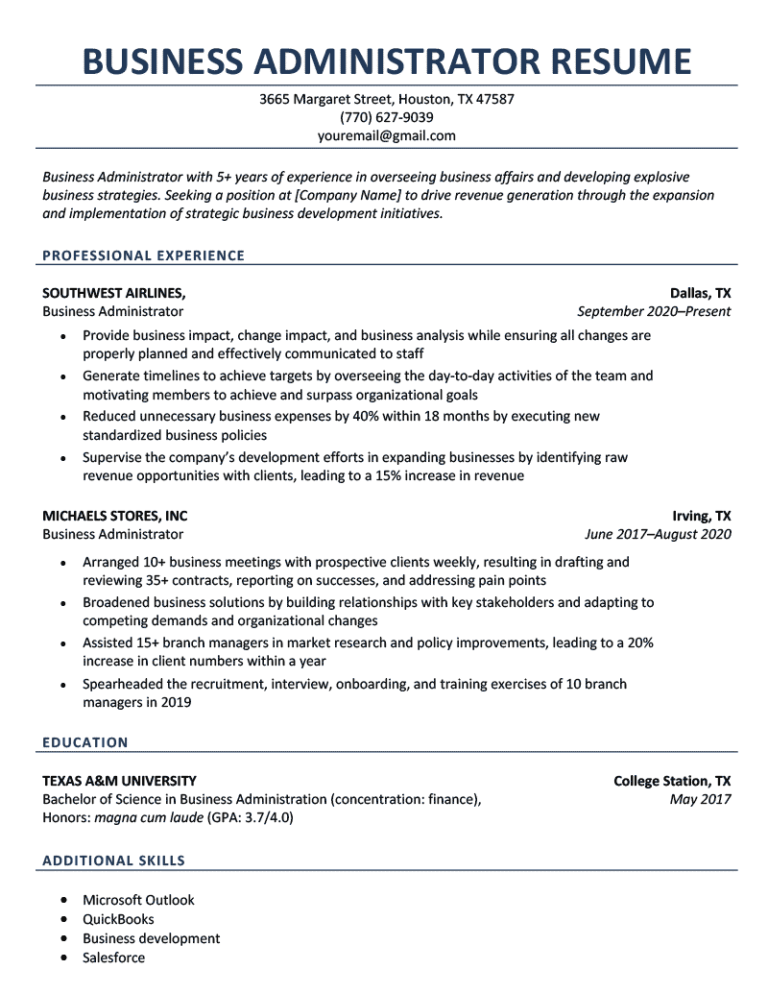 summary on resume for business administration