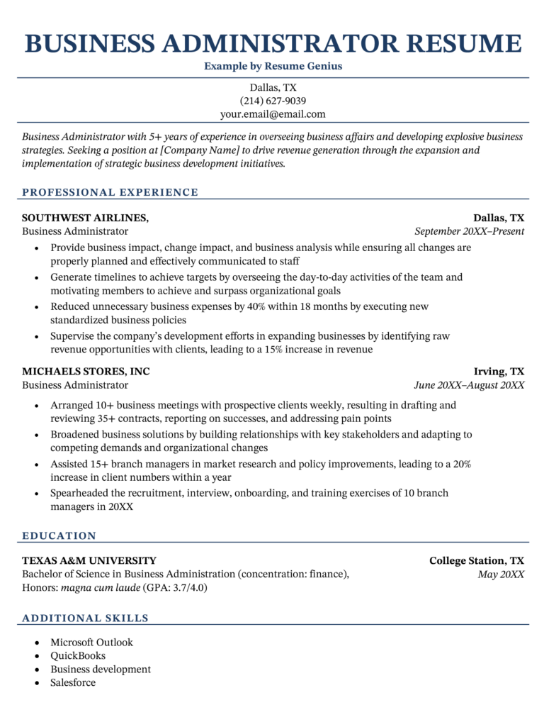 business administration degree on resume