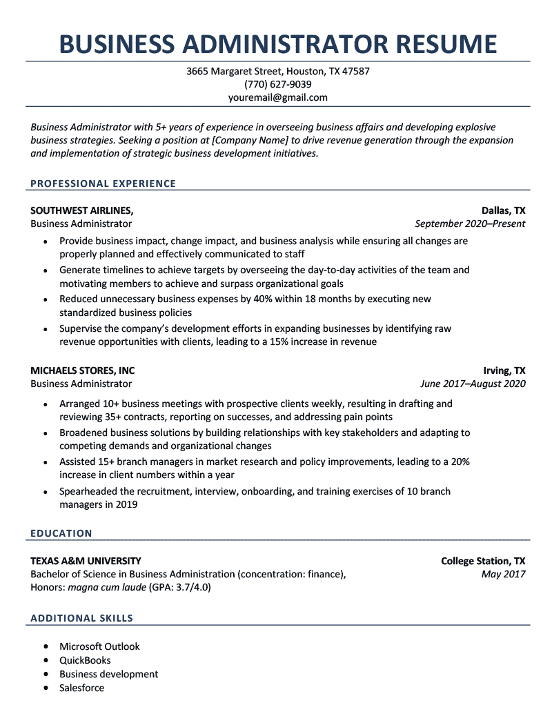 A business administration resume sample with a centered resume header for the applicant's name and a dark blue font for each of the section titles