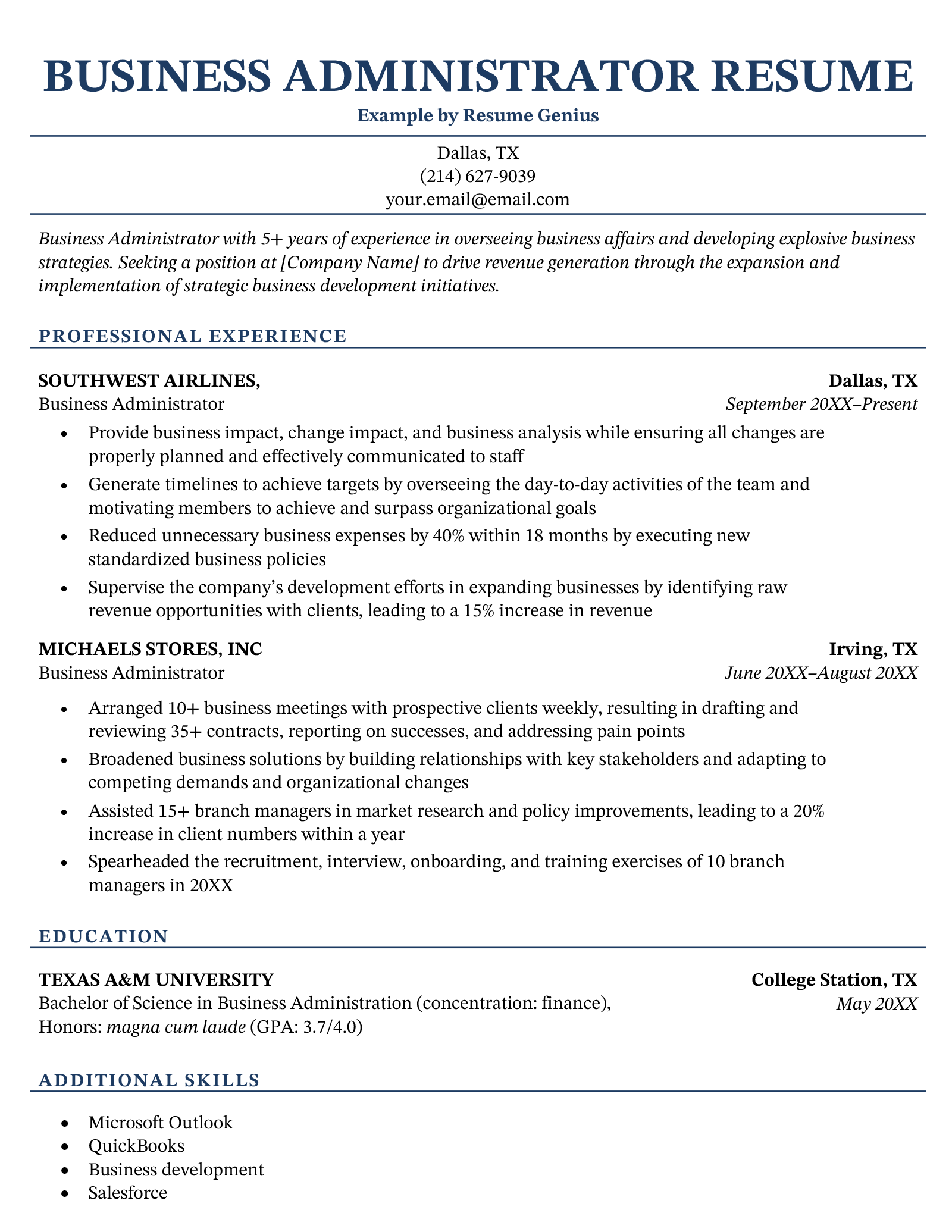 A business administration resume sample with a centered resume header for the applicant's name and a dark blue font for each of the section titles