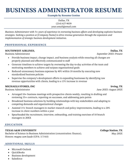 A business administration resume sample with a centered resume header for the applicant's name and a dark blue font for each of the section titles