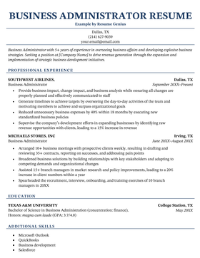 A business administration resume sample with a centered resume header for the applicant's name and a dark blue font for each of the section titles