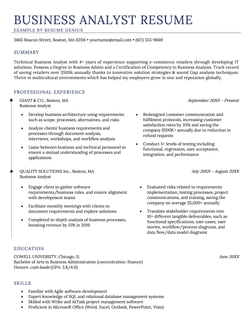 An example of a business analyst resume with blue text and a large font to help the applicant's name stand out