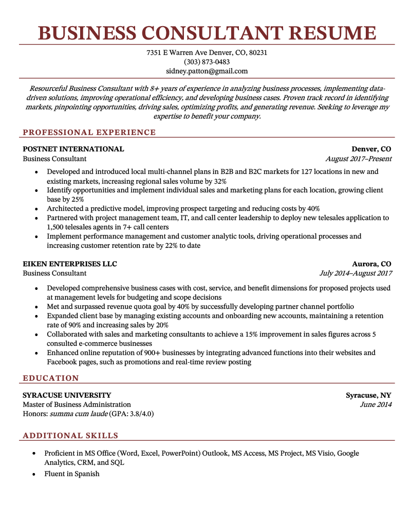 A professional-looking business consultant resume on a template with a red header and a layout that effectively highlights the candidate's most relevant qualifications and achievements