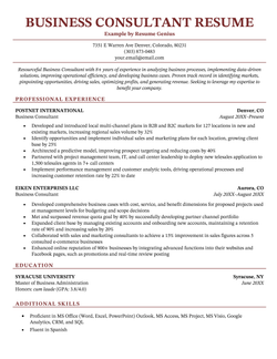 A professional-looking business consultant resume on a template with a red header and a layout that effectively highlights the candidate's most relevant qualifications and achievements