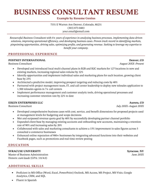 A professional-looking business consultant resume on a template with a red header and a layout that effectively highlights the candidate's most relevant qualifications and achievements