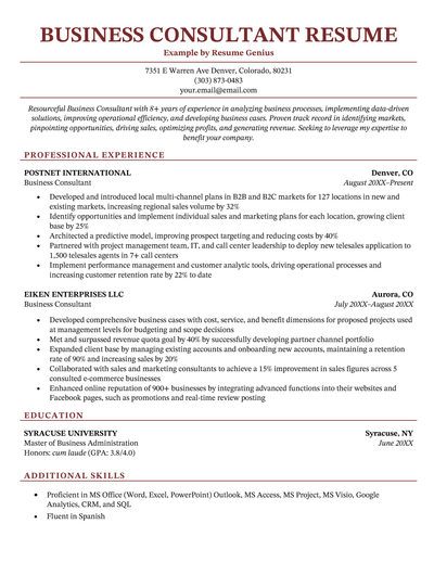 A professional-looking business consultant resume on a template with a red header and a layout that effectively highlights the candidate's most relevant qualifications and achievements