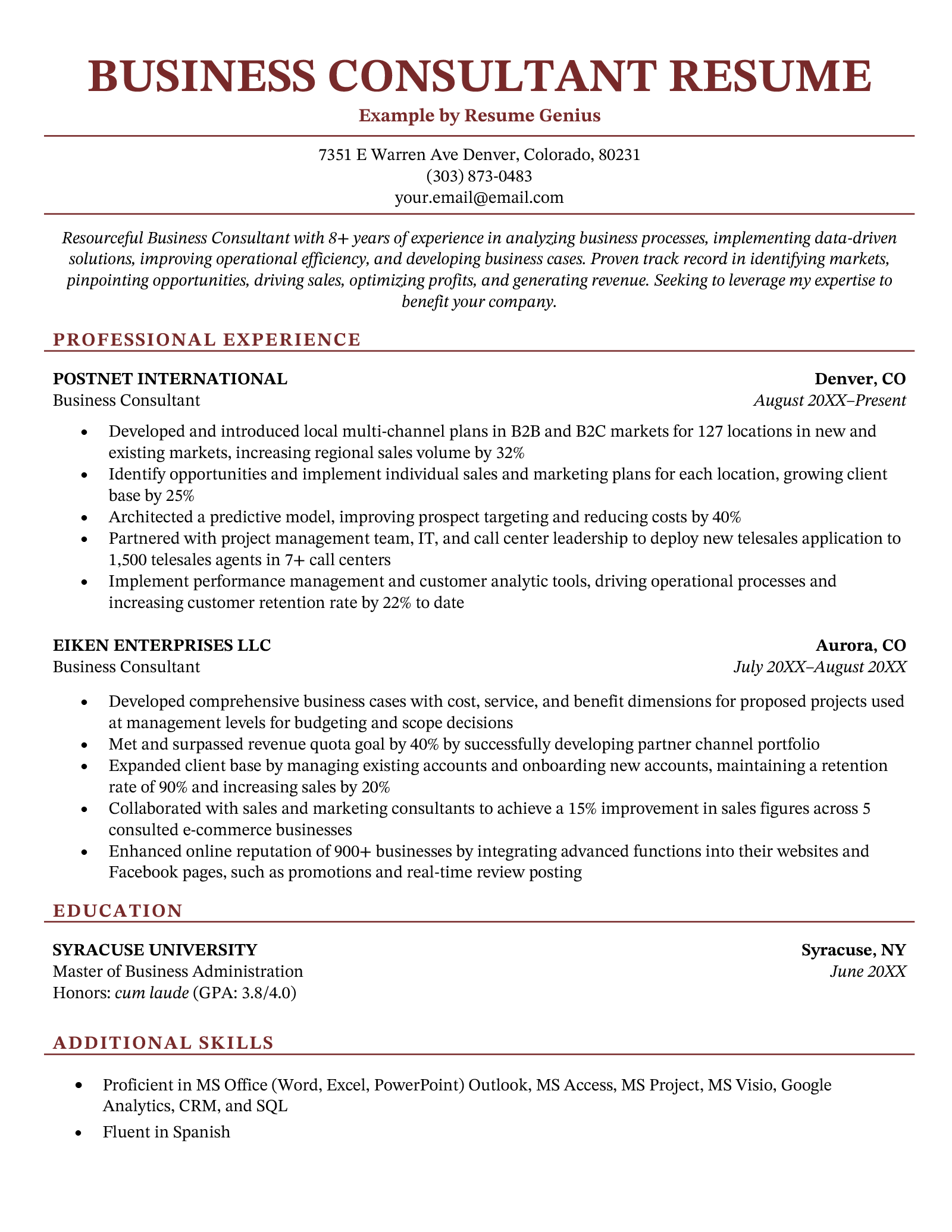 A professional-looking business consultant resume on a template with a red header and a layout that effectively highlights the candidate's most relevant qualifications and achievements