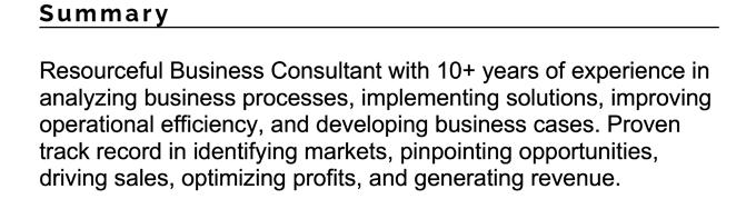 A business consultant resume summary for a candidate with over eight years of experience in the field