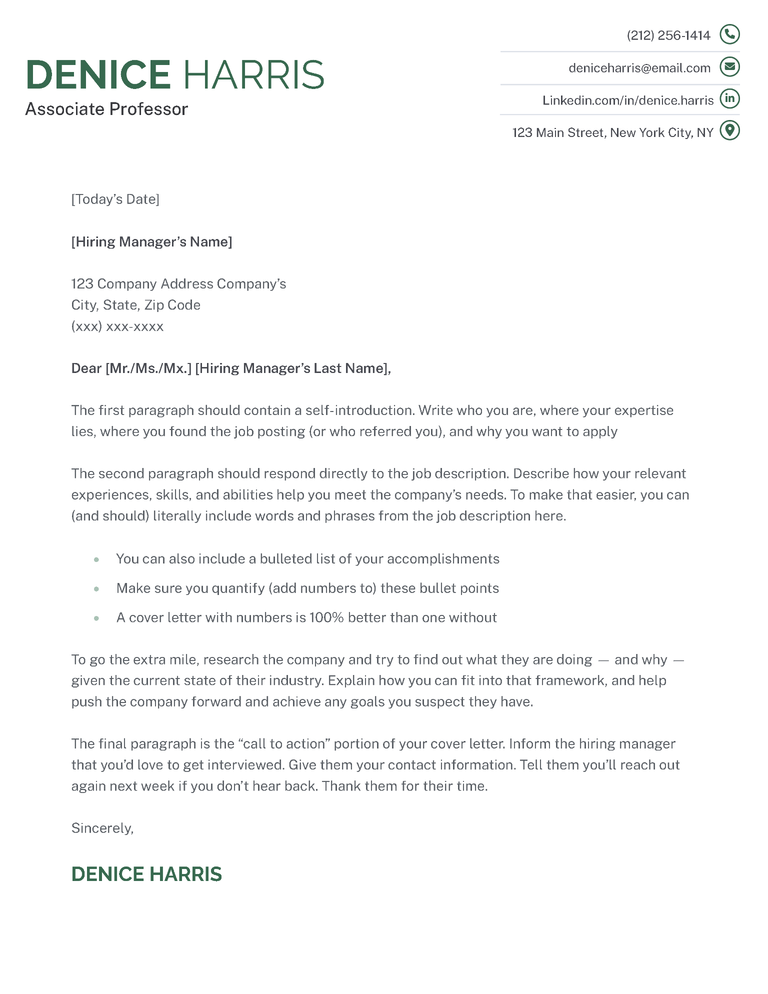 Business CV cover letter template, green color
