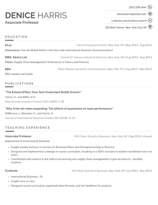 The Business CV template, featuring the applicant's name and contact information icons bolded in black in the header, and a light gray shaded bar to highlight the objective section