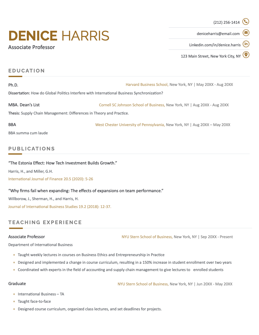 The Business CV template, featuring the applicant