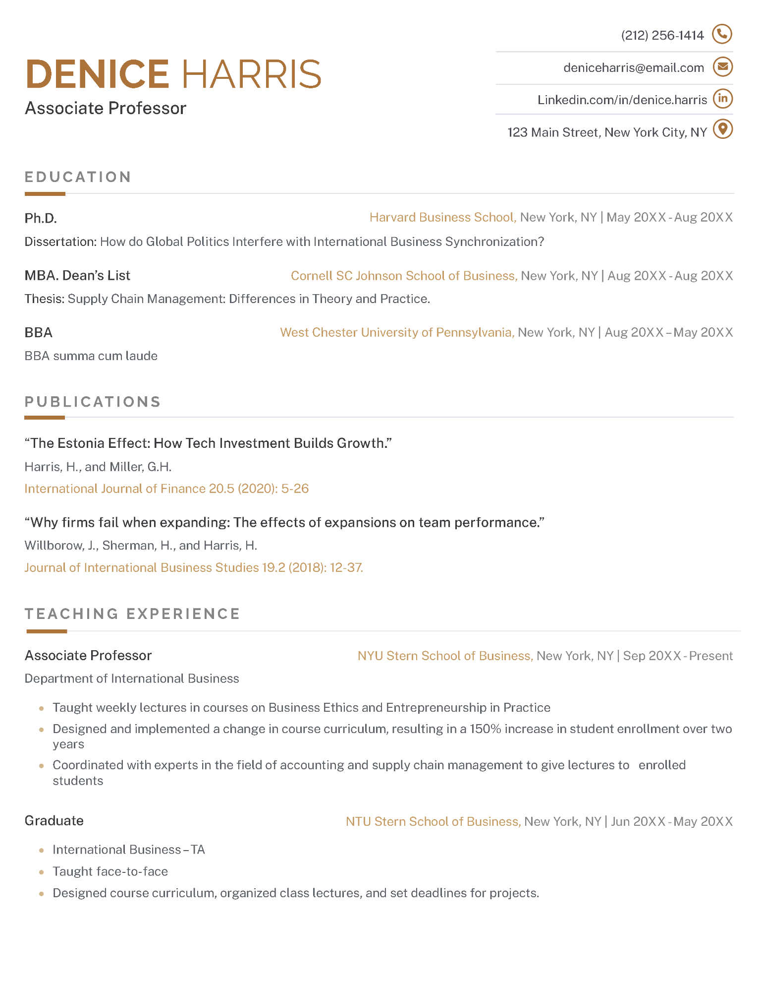 The Business CV template, featuring the applicant's name and contact information icons bolded in red in the header.