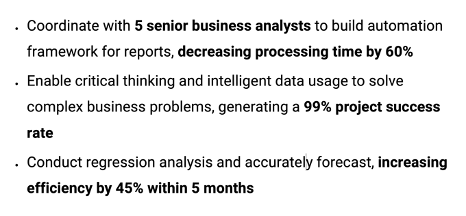 A sample business intelligence resume work experience section with numbers bolded for emphasis