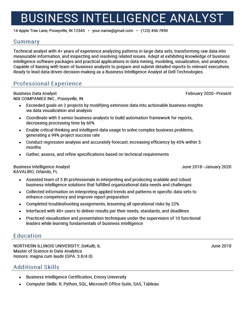 A sample business intelligence analyst resume with a blue header and chronological work and education history, as well as an additional skills section
