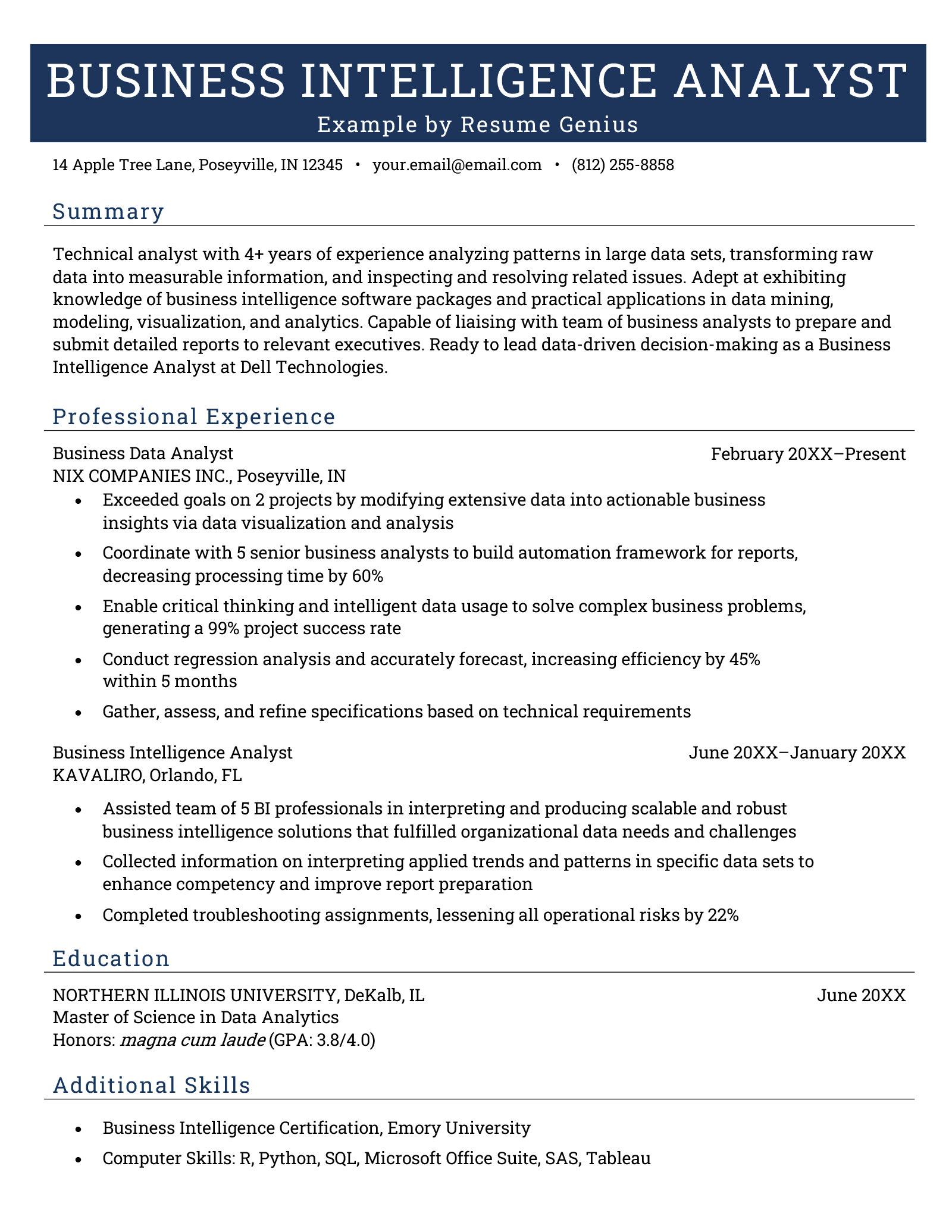 A sample business intelligence analyst resume with a blue header and chronological work and education history, as well as an additional skills section