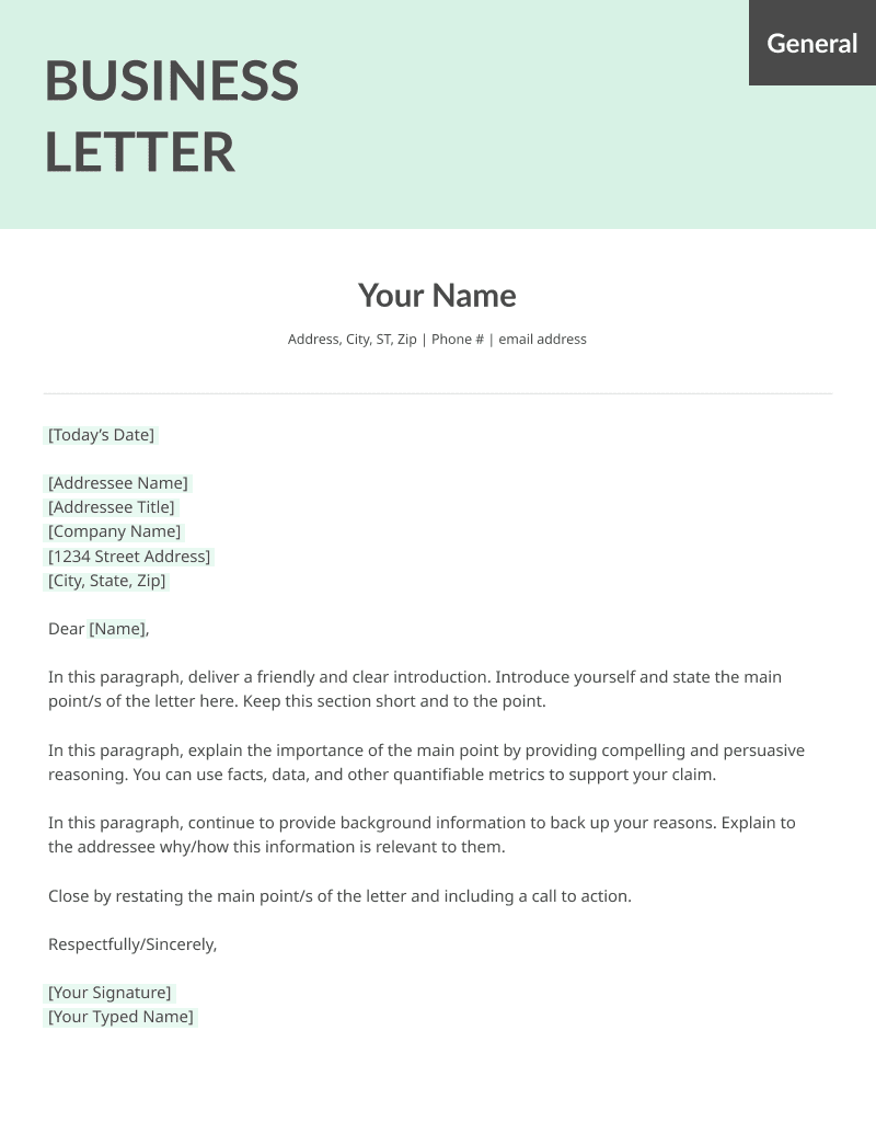 Example of a business letter template