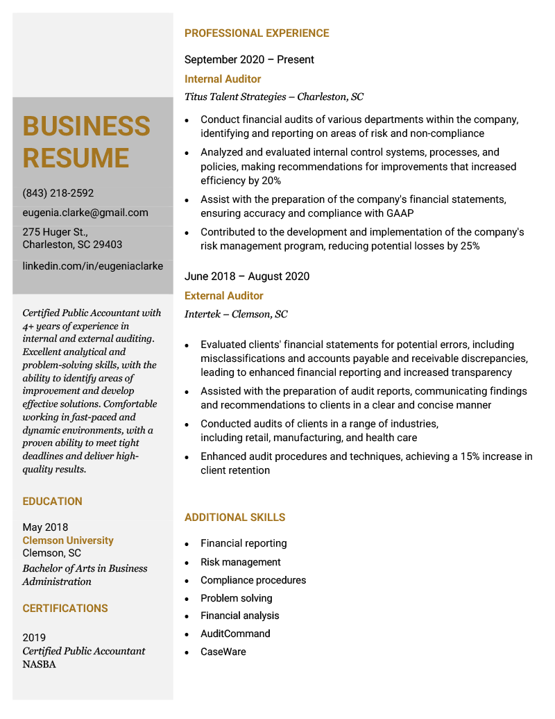 A business resume example written by a candidate applying for an auditor job.