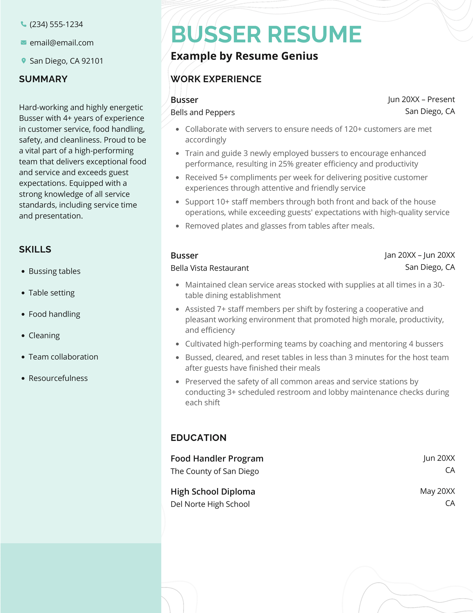 A busser resume example.