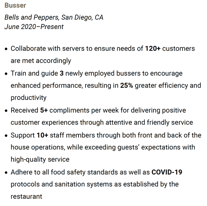 An example of hard numbers in the work experience section of a busser resume