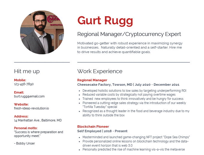 An example of a bad resume that uses too many buzzwords such as "go-getter" and "cutting-edge"