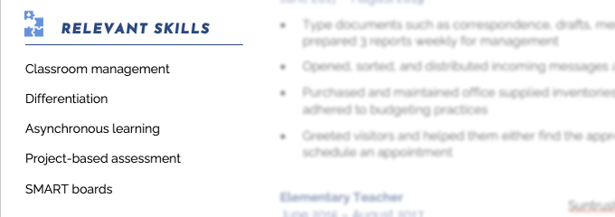 An example from the skills section of a teacher resume showing how they used resume buzz words