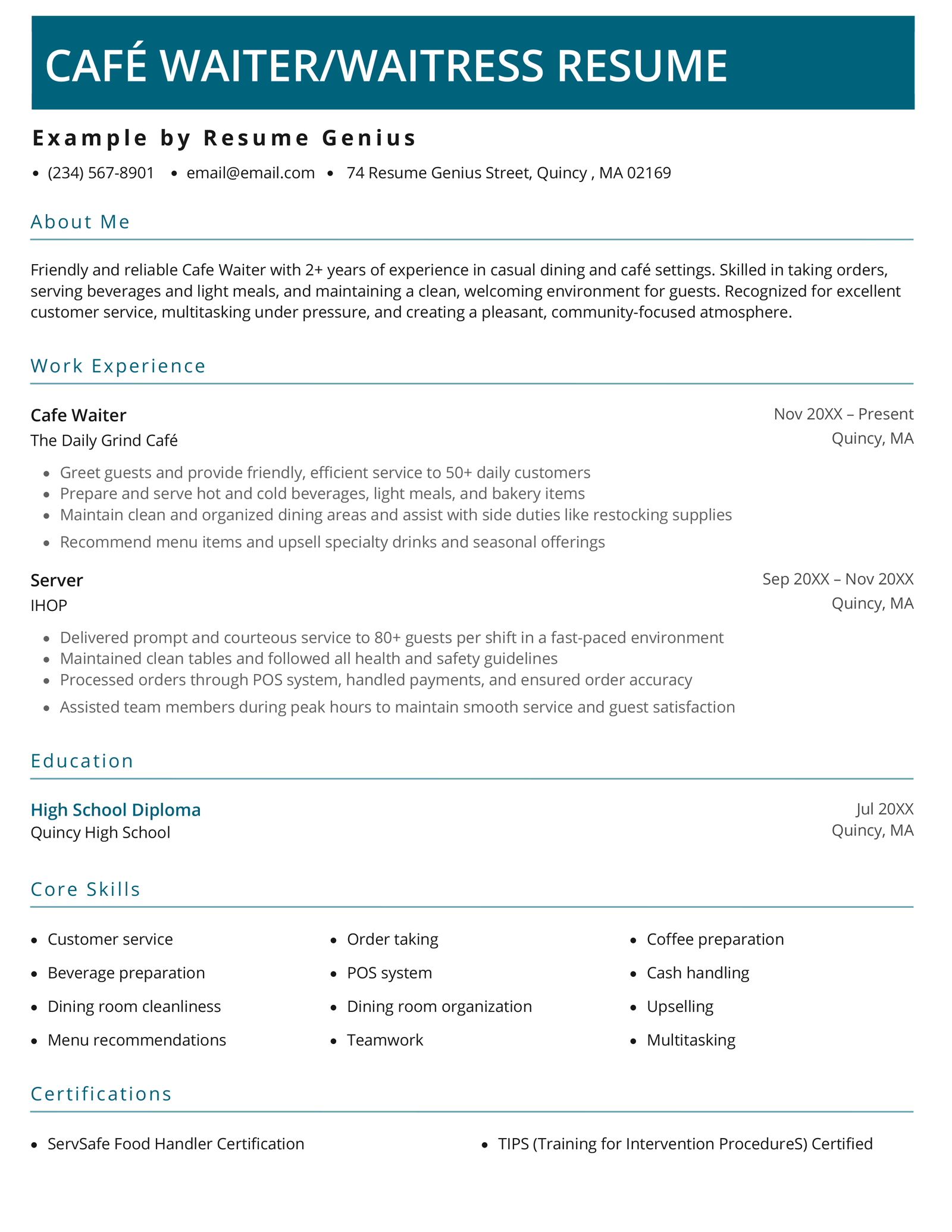 A cafe waiter/waitress resume example.