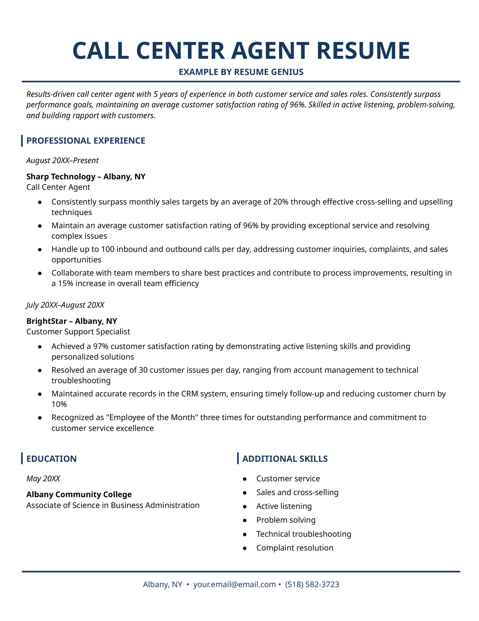 An example resume for a call center agent. 