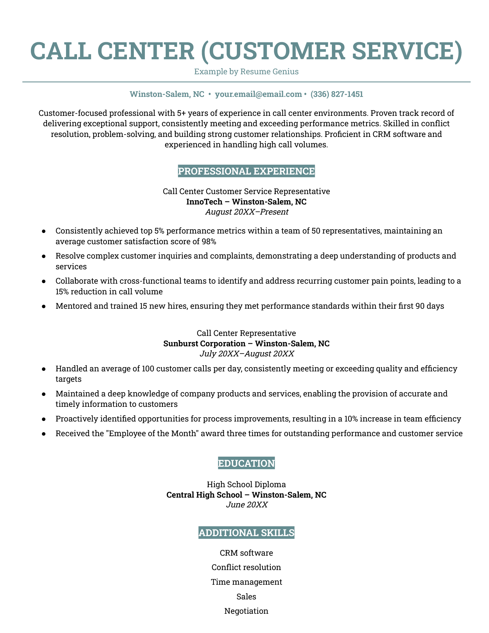 An example of a call center customer service resume. 